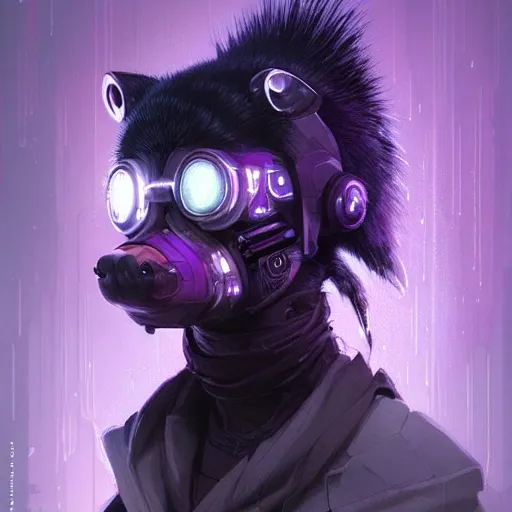 a beautiful portrait of a cute cyberpunk skunk by greg rutkowski and wlop, purple blue color scheme, high key lighting, digital art, highly detailed, fine detail, intricate, ornate, complex
