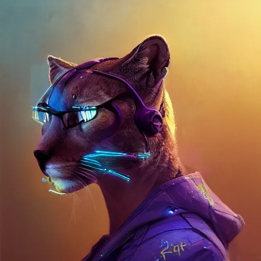 a beautiful portrait of a cute cyberpunk Cougar by greg rutkowski and wlop, purple blue color scheme, high key lighting, digital art, highly detailed, fine detail, intricate, ornate, complex
