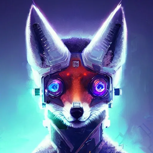 a beautiful portrait of a cute cyberpunk fox by greg rutkowski and wlop, purple blue color scheme, high key lighting, digital art, highly detailed, fine detail, intricate, ornate, complex
