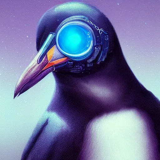 a beautiful portrait of a cute cyberpunk penguin by greg rutkowski and wlop, purple blue color scheme, high key lighting, digital art, highly detailed, fine detail, intricate, ornate, complex
