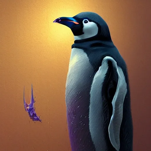 a beautiful portrait of a cute cyberpunk penguin by greg rutkowski and wlop, purple blue color scheme, high key lighting, digital art, highly detailed, fine detail, intricate, ornate, complex
