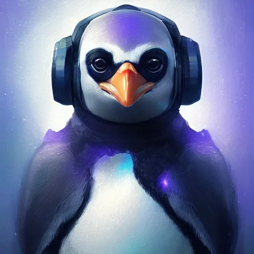 a beautiful portrait of a cute cyberpunk penguin by greg rutkowski and wlop, purple blue color scheme, high key lighting, digital art, highly detailed, fine detail, intricate, ornate, complex
