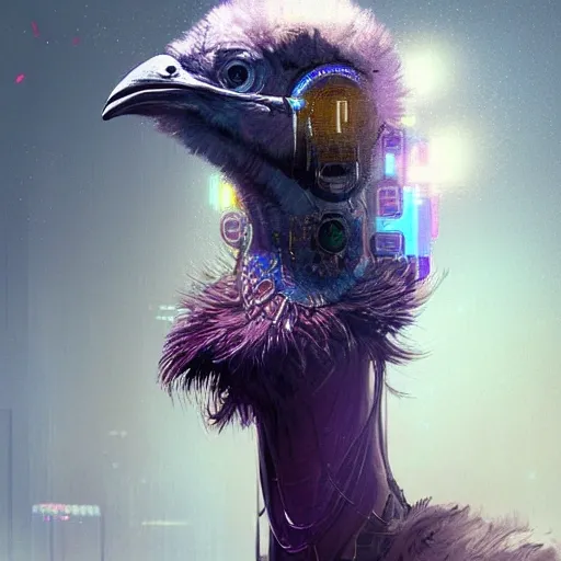 a beautiful portrait of a cute cyberpunk ostrich by greg rutkowski and wlop, purple blue color scheme, high key lighting, digital art, highly detailed, fine detail, intricate, ornate, complex

