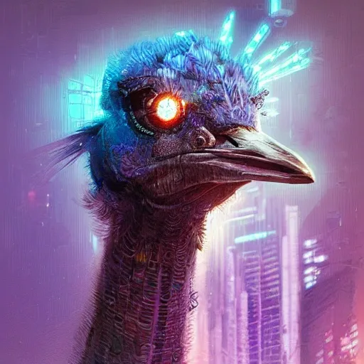 a beautiful portrait of a cute cyberpunk ostrich by greg rutkowski and wlop, purple blue color scheme, high key lighting, digital art, highly detailed, fine detail, intricate, ornate, complex

