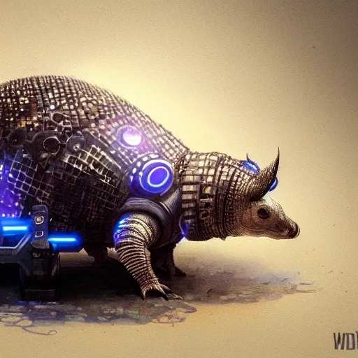 a beautiful portrait of a cute cyberpunk armadillo by greg rutkowski and wlop, purple blue color scheme, high key lighting, digital art, highly detailed, fine detail, intricate, ornate, complex

