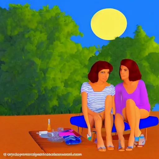 Dos mujeres mirándose con el fondo de un campamento de verano de noche, Cartoon, 3D