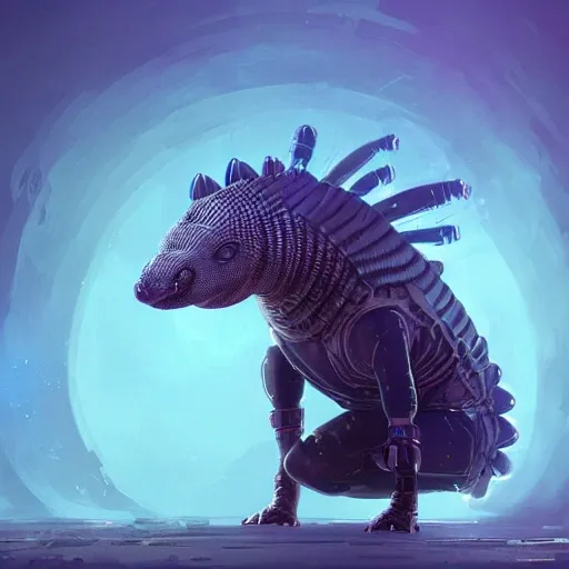 a beautiful portrait of a cute cyberpunk bad armadillo by greg rutkowski and wlop, purple blue color scheme, high key lighting, digital art, highly detailed, fine detail, intricate, ornate, complex

