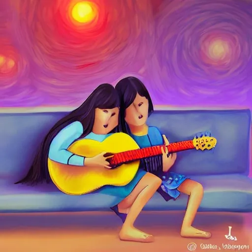 Dos jóvenes mujeres una de ellas con una gitarra mirándose con el fondo de un campamento de verano de noche, Cartoon, 3D