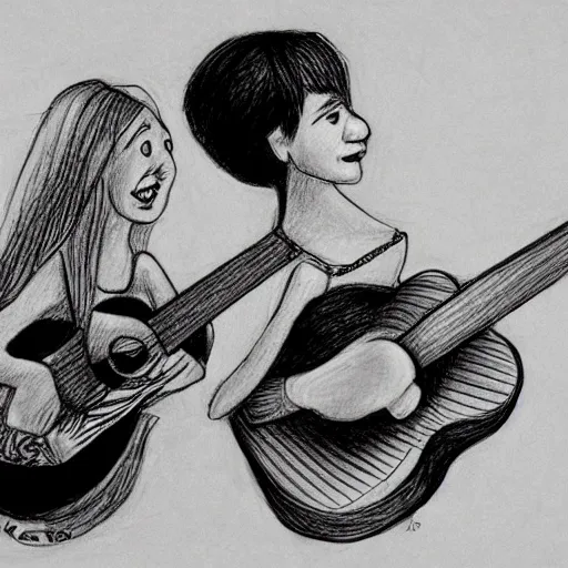 Dos jóvenes mujeres una de ellas con una gitarra mirándose con el fondo de un campamento de verano de noche, Cartoon, 3D, Pencil Sketch