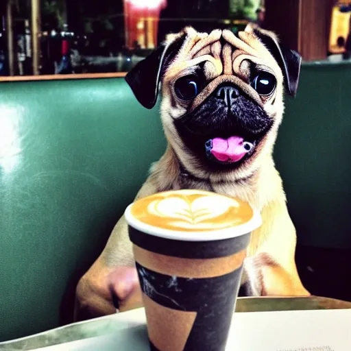 pug dog, having a coffee in Sturbucks, with a lot of people around, with a waitress
, Trippy