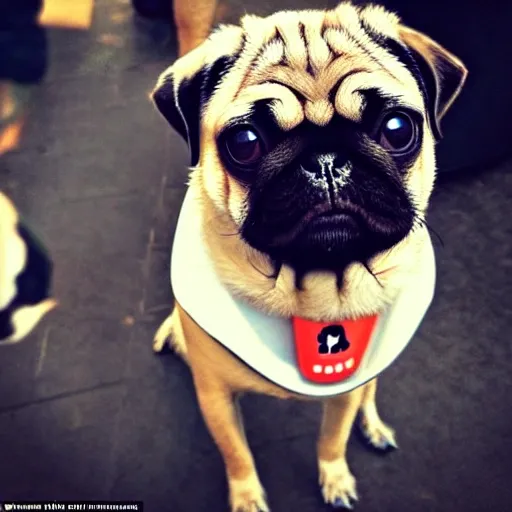 pug dog, having a coffee in Sturbucks, with a lot of people around, with a waitress
, Trippy