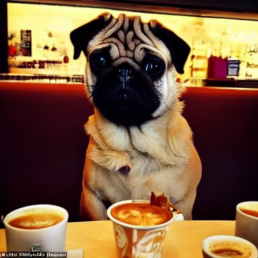 pug dog, having a coffee in Sturbucks, with a lot of people around, with a waitress
, Trippy
