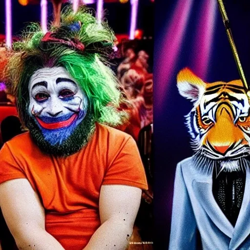 
dwarf with a painted face like the joker, in a circus in Las Vegas, with a Tiger, and many people applauding, Trippy