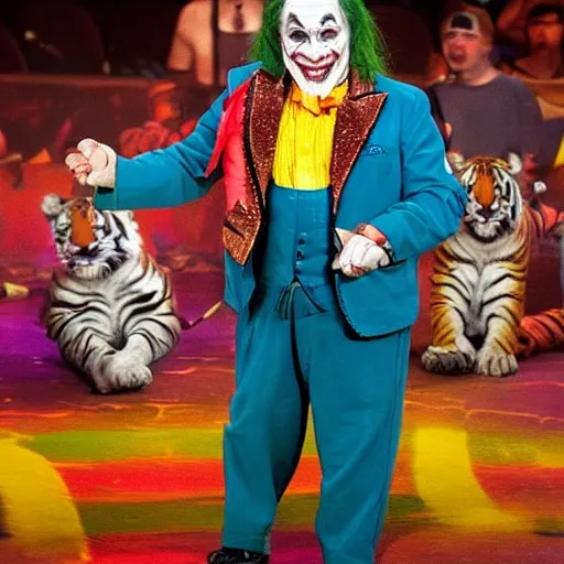 
dwarf with a painted face like the joker, in a circus in Las Vegas, with a Tiger, and many people applauding, Trippy