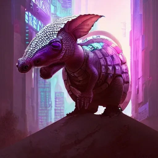 a beautiful portrait of a cute cyberpunk bad armadillo by greg rutkowski and wlop, purple blue color scheme, high key lighting, digital art, highly detailed, fine detail, intricate, ornate, complex

