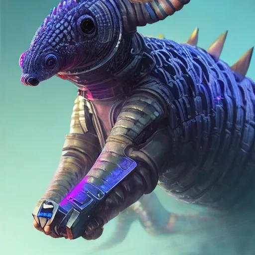 a beautiful portrait of a cute cyberpunk bad armadillo by greg rutkowski and wlop, purple blue color scheme, high key lighting, digital art, highly detailed, fine detail, intricate, ornate, complex

