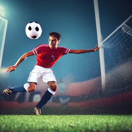 realistic photo of a soccer player hitting the ball, 3D