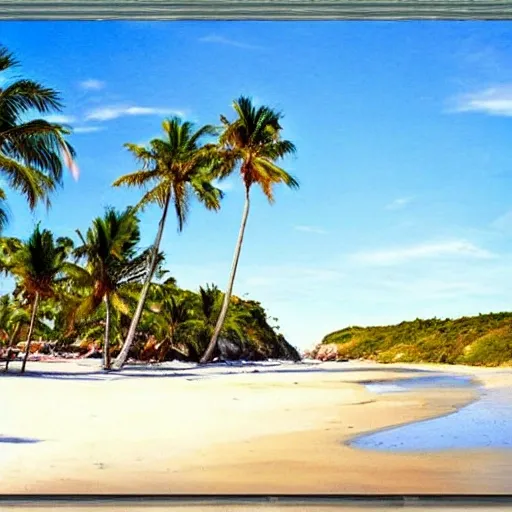 generate a photo of a beautiful beach landscape? I am hoping for a serene and peaceful setting, with soft sand, gentle waves, and clear blue skies. It would be wonderful if there were some palm trees and maybe a few seagulls in the distance. , Cartoon