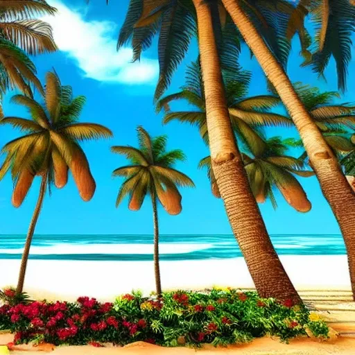 generate a photo of a beautiful beach landscape? I am hoping for a serene and peaceful setting, with soft sand, gentle waves, and clear blue skies. It would be wonderful if there were some palm trees and maybe a few seagulls in the distance and a girl. , Cartoon