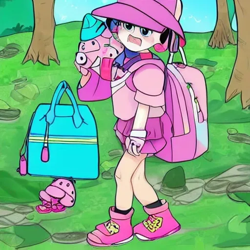 super cute turtle with a explorer cap and a pink bag, anime draw, sweet colors, in a forest with lovely details, kawaii, Cartoon