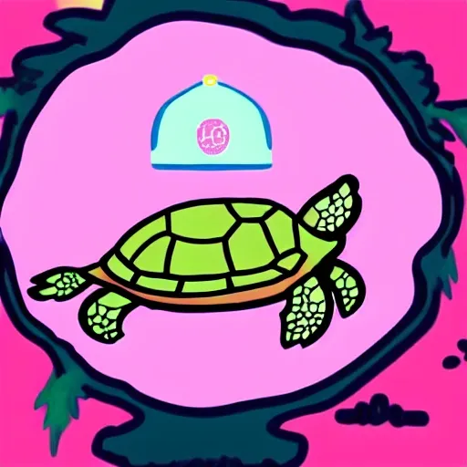 super cute turtle with an explorer cap carring a pink bag, anime draw, sweet colors, in a forest with lovely details, kawaii, Cartoon