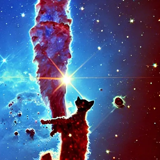 a crystal ball on the right hand of an humanoid astronaut cat floating in the space with the pillars of creation in the background