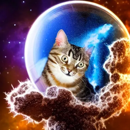 a crystal ball in the right paw of a cat wearing an astronaut helmet who is floating in space with the pillars of creation behind, 3D
