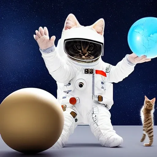 a cat wearing an astronaut helmet, who is floating in space, while watching a crystal ball on his right paw, 3D