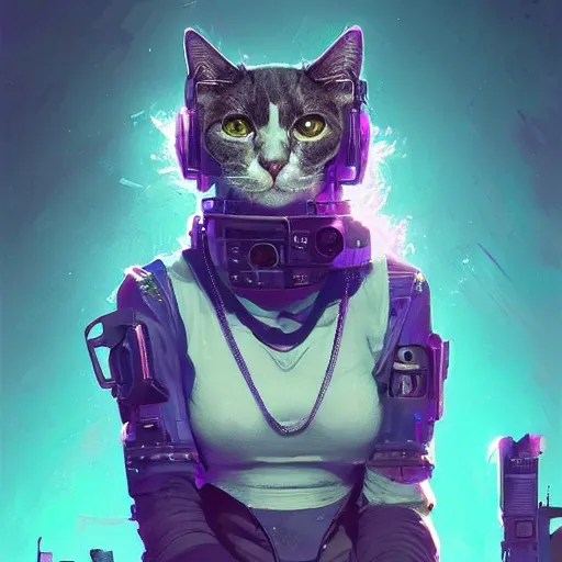 a beautiful portrait of a cute cyberpunk bad cat by greg rutkowski and wlop, purple blue color scheme, high key lighting, digital art, highly detailed, fine detail, intricate, ornate, complex