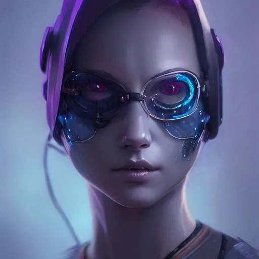 a beautiful portrait of a cute cyberpunk cat gray by greg rutkowski and wlop, purple blue color scheme, high key lighting, digital art, highly detailed, fine detail, intricate, ornate, complex