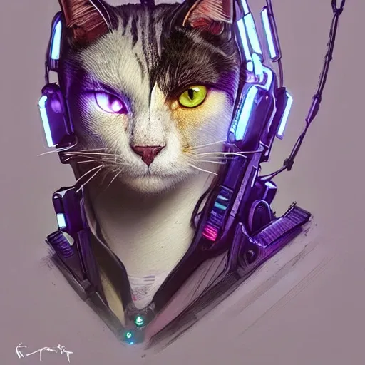 a beautiful portrait of a cute cyberpunk bad cat tricolor by greg rutkowski and wlop, purple blue color scheme, high key lighting, digital art, highly detailed, fine detail, intricate, ornate, complex