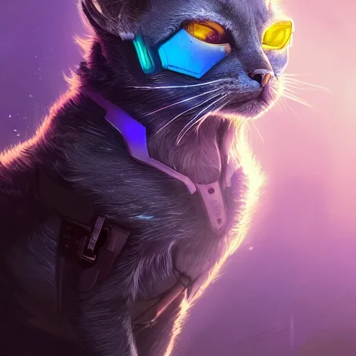 a beautiful portrait of a cute cyberpunk cat tricolor by greg rutkowski and wlop, purple blue color scheme, high key lighting, digital art, highly detailed, fine detail, intricate, ornate, complex