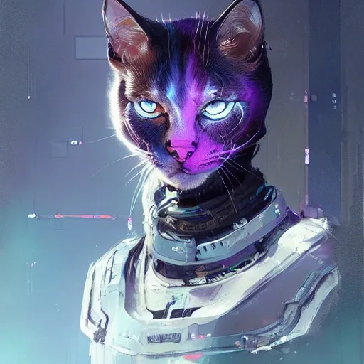 a beautiful portrait of a cute cyberpunk bad humanoid cat tricolor by greg rutkowski and wlop, purple blue color scheme, high key lighting, digital art, highly detailed, fine detail, intricate, ornate, complex