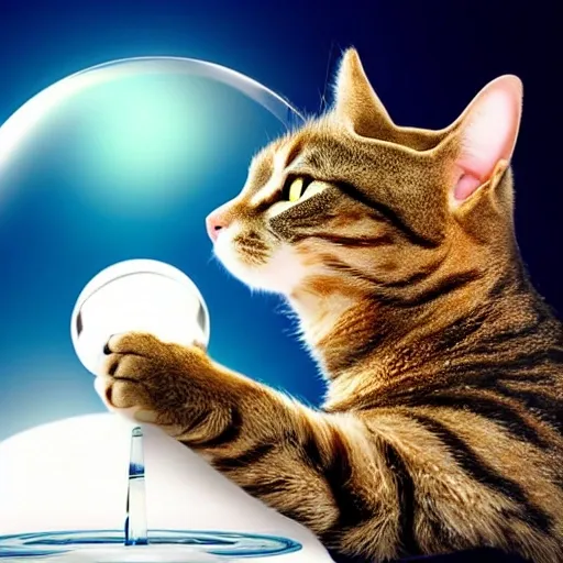 a cat in profile with an astronaut helmet, floating in space, while looking at a crystal ball in its right paw