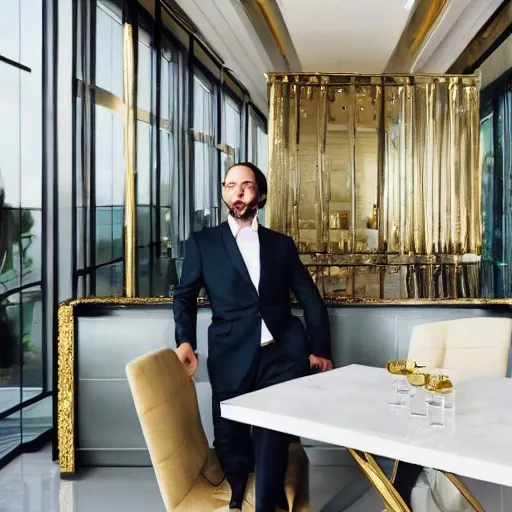 gold bars on a gold table, with a 36 year old in a suit and a glass of white wine, in a white room with a background of floor to ceiling glass windows
