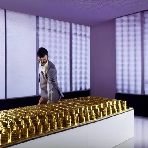 50 gold ingots arranged on a gold table, with a 36-year-old person dressed in a suit and very nice with a glass of white wine in his left hand, in a white room with a floor-to-ceiling glass window background