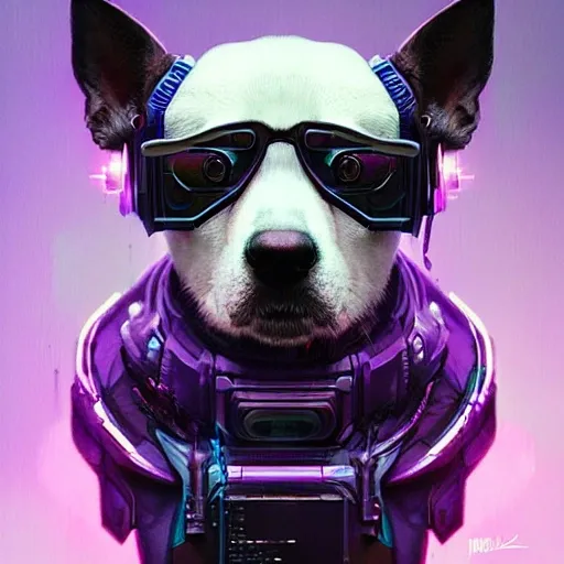 a beautiful portrait of a cute cyberpunk dog by greg rutkowski and wlop, purple blue color scheme, high key lighting, digital art, highly detailed, fine detail, intricate, ornate, complex, Pencil 