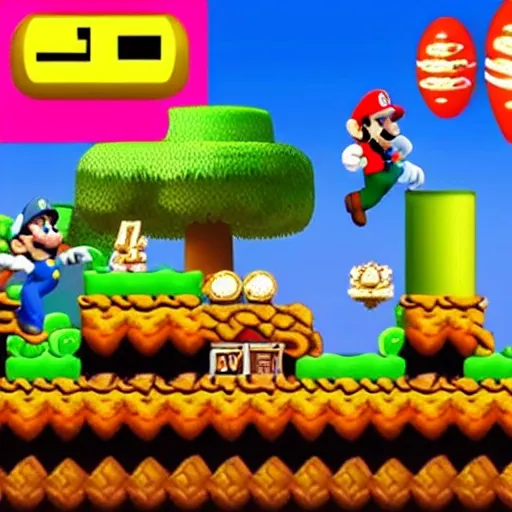 Quiero una imagen de fondo para una tarjeta de invitación de cumpleaños con la temática de Mario Bros destacando a la [princesa peach[ y también a dos personajes de otra serie llamada Kinect zuno yaiba estos personajes son [uzui] y [ Kanao], Cartoon