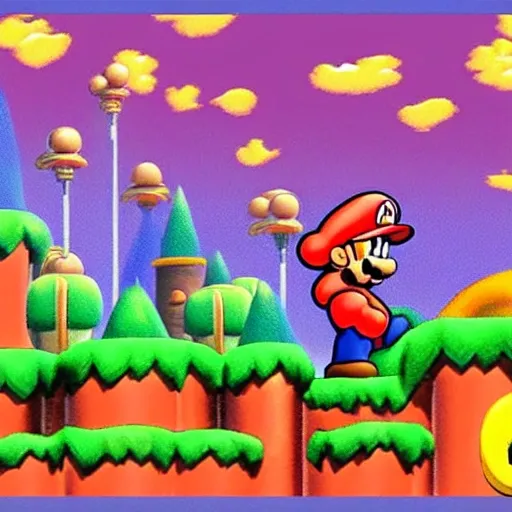 I want an image with the background of the mushroom kingdom from Mario Bros, that only princess peach appears, Cartoon