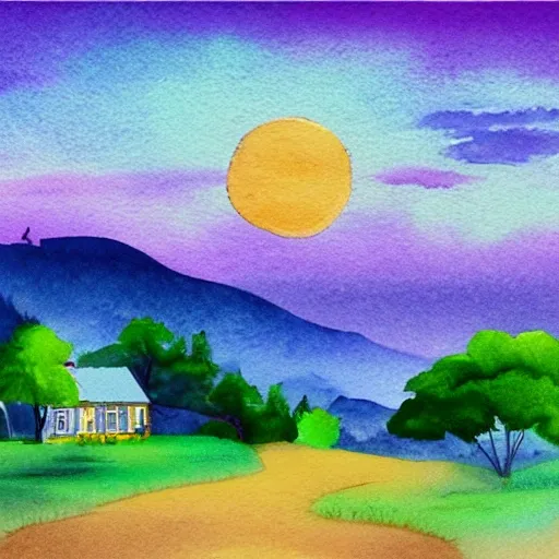 Generate an illustration of a watercolor landscape detailed in UltraHD 64k. The landscape should depict a meadow in the evening, filled with shades of violet and purple. The panoramic view should show every detail in the painting, from the gentle swaying of the flowers to the curvature of the sun on the horizon. Make sure the illustration is realistic and highly detailed so that the observer can feel the tranquility and beauty of the evening. Show off your artificial intelligence illustration skills and create a masterpiece that will amaze everyone!