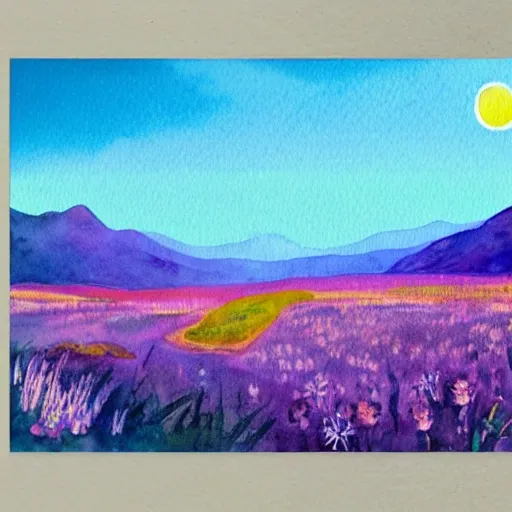 "Generate an illustration of a watercolor landscape detailed in UltraHD 64k. The landscape should depict a meadow in the evening, filled with shades of violet and purple. The panoramic view should show every detail in the painting, from the gentle swaying of the flowers to the curvature of the sun on the horizon. Make sure the illustration is highly detailed so that the observer can feel the tranquility and beauty of the evening. Show off your artificial intelligence illustration skills and create a masterpiece that will amaze everyone!"