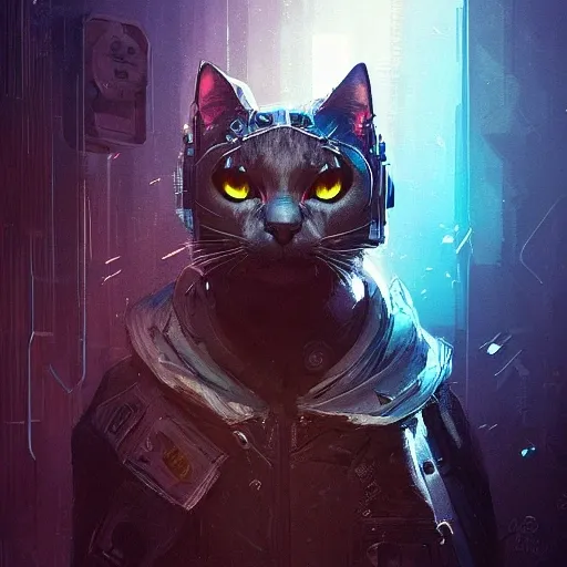 a beautiful portrait of a cute cyberpunk  bad cat by greg rutkowski and wlop, purple blue color scheme, high key lighting, digital art, highly detailed, fine detail, intricate, ornate, complex

