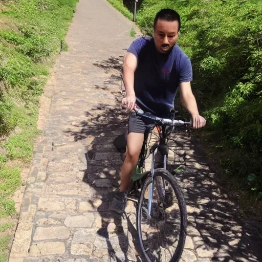 yo, montando una bicicleta por la muralla china, en el día con la luz del sol al oeste, y detrás de mi un perro labrador marron corriendo