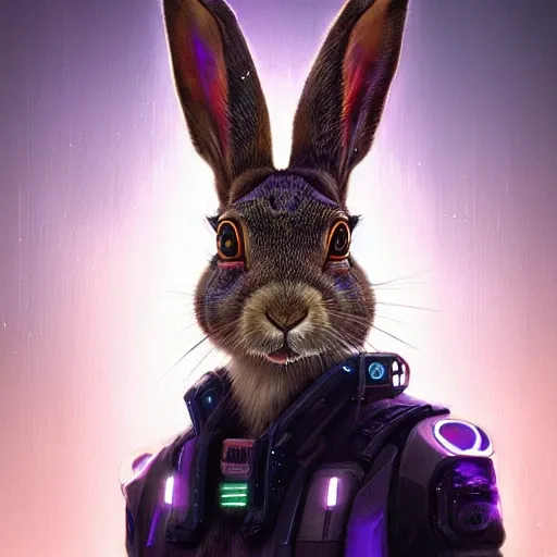 a beautiful portrait of a cute cyberpunk  hare by greg rutkowski and wlop, purple blue color scheme, high key lighting, digital art, highly detailed, fine detail, intricate, ornate, complex

