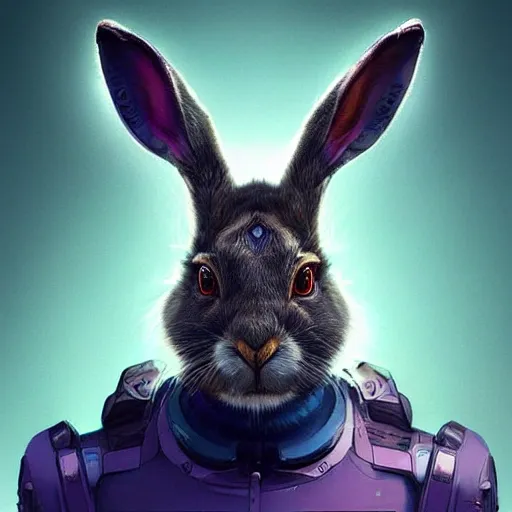 a beautiful portrait of a cute cyberpunk  hare by greg rutkowski and wlop, purple blue color scheme, high key lighting, digital art, highly detailed, fine detail, intricate, ornate, complex

