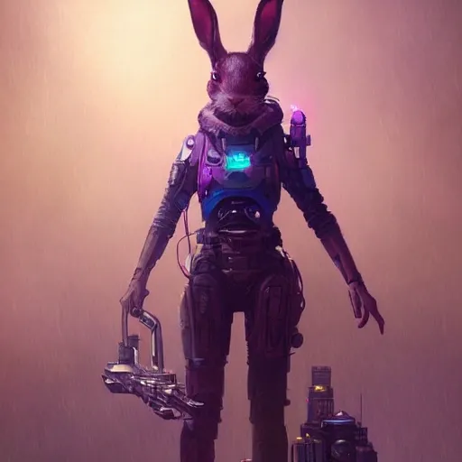 a beautiful portrait of a cute cyberpunk  hare killer by greg rutkowski and wlop, purple blue color scheme, high key lighting, digital art, highly detailed, fine detail, intricate, ornate, complex

