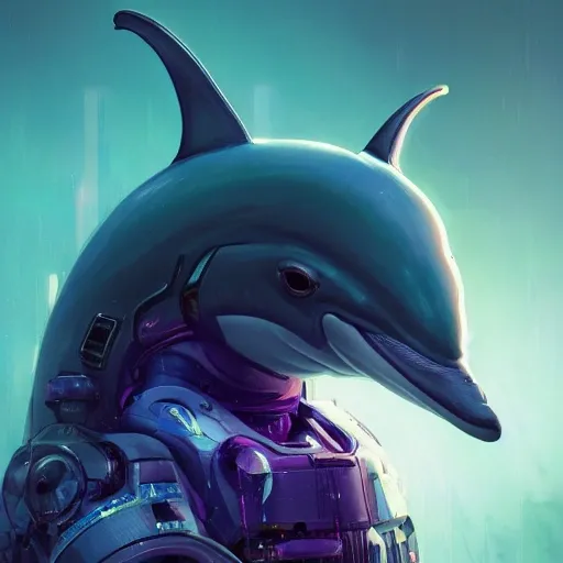 a beautiful portrait of a cute cyberpunk  dolphin by greg rutkowski and wlop, purple blue color scheme, high key lighting, digital art, highly detailed, fine detail, intricate, ornate, complex

