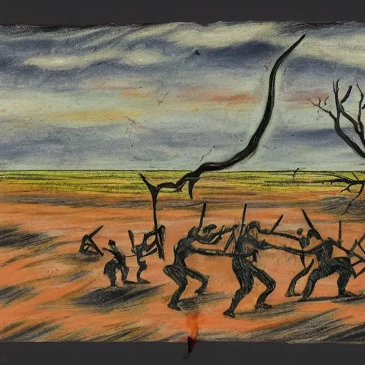 floodplain, Arnhem Land, storm, fantasy, Yolngu ancestral warriors fighting with sticks, fire, moonlight, HD, "width": 9600, "height":1080, stereoscopic

negative prompt: paintings, pencil sketch, 
, Trippy, 3D