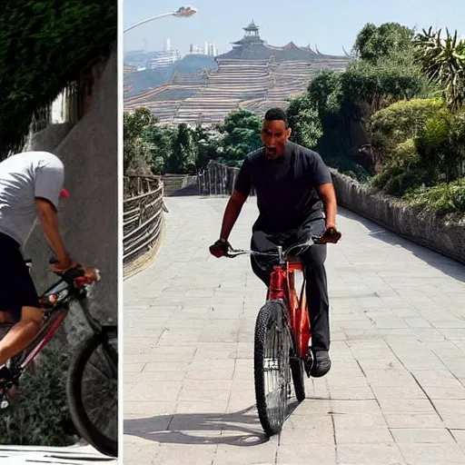 Will smith, montando una bicicleta por la muralla china, en el día con la luz del sol al oeste, y detrás de el un perro labrador marron corriendo, además se observa el horizonte a distancia 