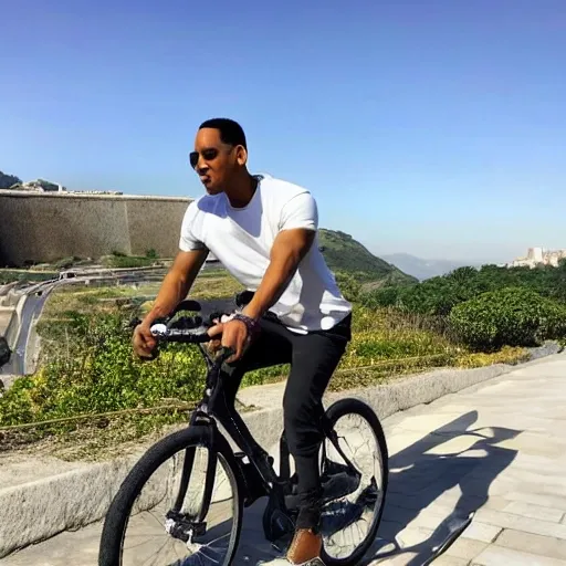 el actor Will Smith, montando una bicicleta por la muralla china, en el día con la luz del sol al oeste, y detrás de el un perro labrador marron corriendo, además se observa el horizonte a distancia 